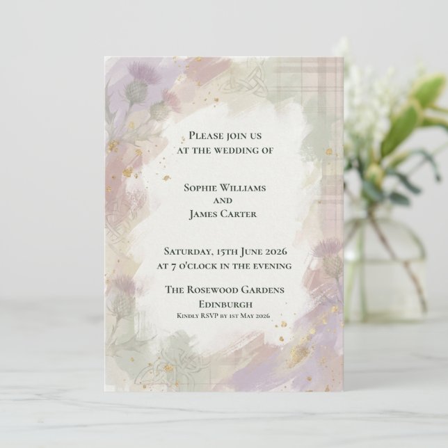 Soft Lavender Thistle & Wildflower Scottish Weddin Invitation (Standing Front)