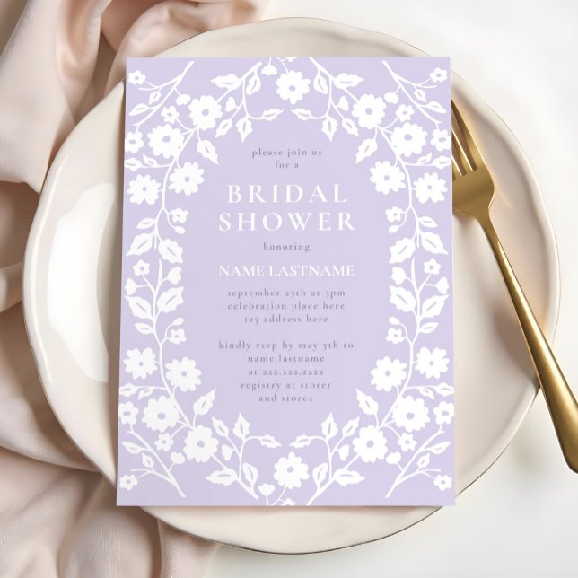 Soft Lavender White Folk Floral Bridal Shower Invitation (Creator Uploaded)