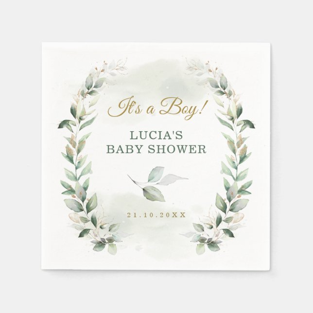 Soft Leafy Greenery Gold Wreath Baby Shower Napkin (Front)