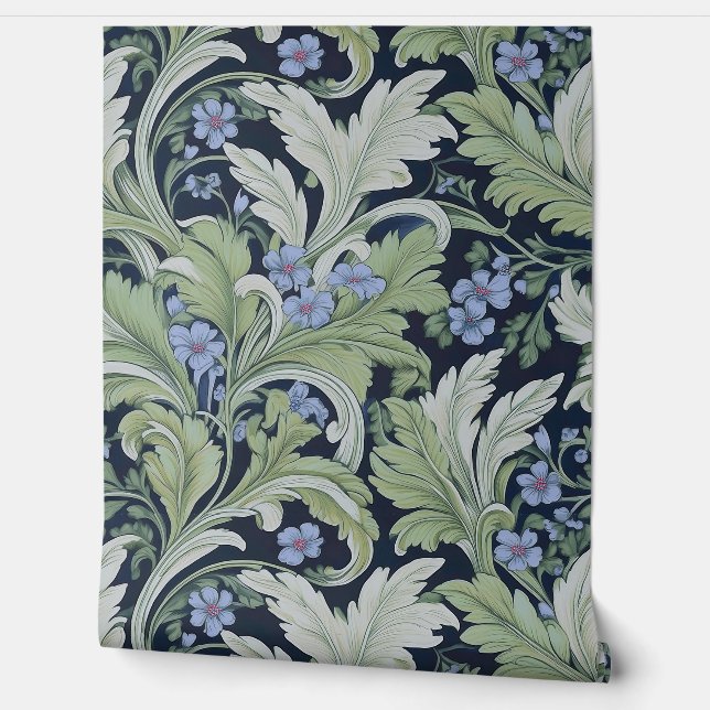Soft Leaves and Periwinkle Botanical Wallpaper (Unrolling)