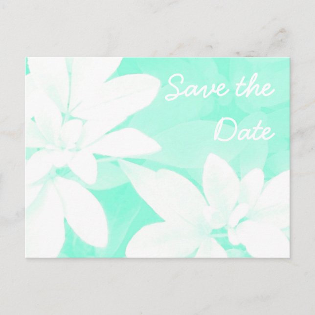 Soft Leaves Aqua 'Save the Date' postcard (Front)