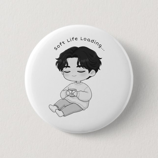 Soft Life Loading Cosy Chibi Boy Tea 6 Cm Round Badge (Front)