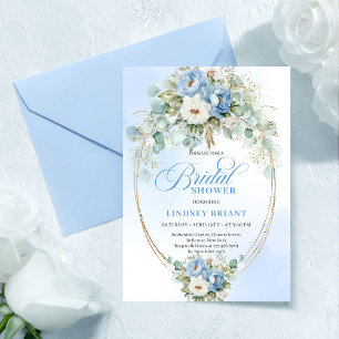 Soft Light Blue Peonies Gold Bridal Shower Invite