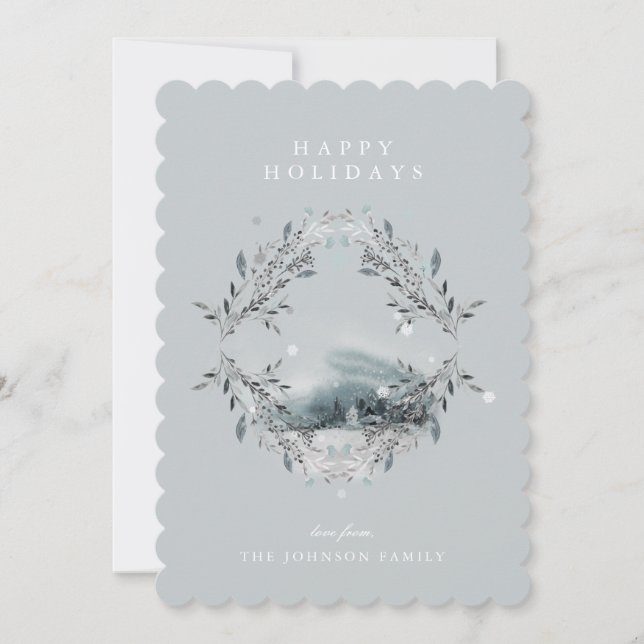 Soft Light Silver Teal Blue Christmas Winter Scene Holiday Card (Front)