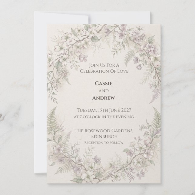 Soft Lilac Blossom Fern Wedding Invitation (Front)
