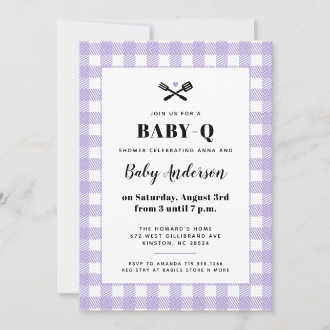 Soft Lilac Gingham Plaid Baby Shower BBQ Invitation (Front)