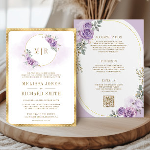 Soft Lilac Purple Floral Gold All in One Wedding Invitation