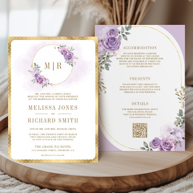 Soft Lilac Purple Floral Gold All in One Wedding Invitation (Creator Uploaded)