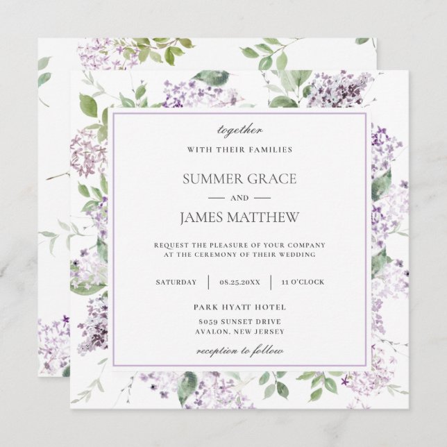 Soft Lilac Purple Floral Greenery Wedding Square  Invitation (Front/Back)