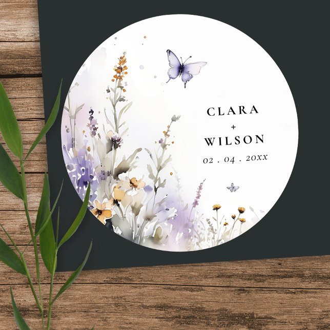 Soft Lilac Wildflower Butterfly Garden Wedding Classic Round Sticker (Creator Uploaded)