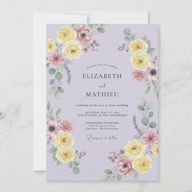 Soft Lilac Yellow Petal Wedding Invitation (Front)