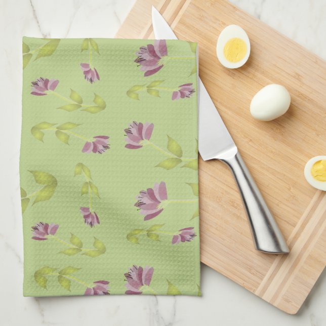 Soft Lime and Raspberry Floral Kitchen Tea Towel (Quarter Fold)