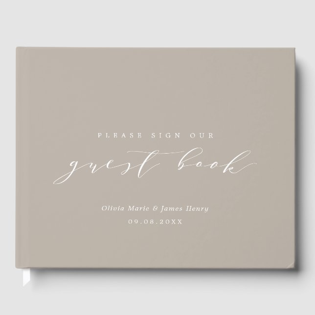 Soft Linen Taupe Sand Modern Customisable Wedding Guest Book (Front)