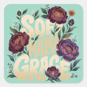 Soft Mama Grace Deep Plum Floral Retro Typography Square Sticker