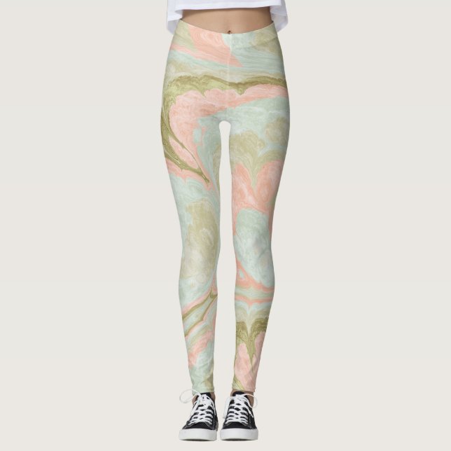 Soft Marble Swirl Pattern Mint, Coral and Olive Leggings (Front)