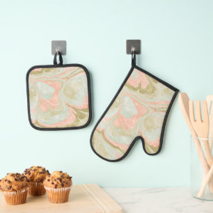 Soft Marble Swirl Pattern Mint, Coral and Olive Oven Mitt & Pot Holder Set