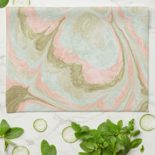 Soft Marble Swirl Pattern Mint, Coral and Olive Tea Towel