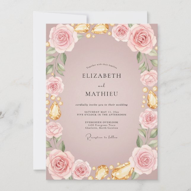 Soft Mauve Gold Rose Wedding Invitation (Front)