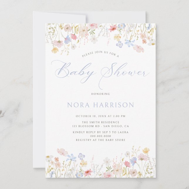 Soft Meadow Blue Script Baby Shower Invitation (Front)