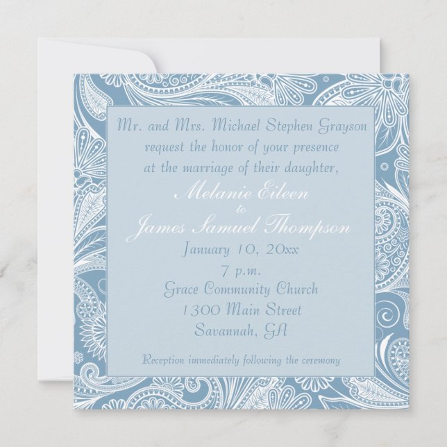 Soft Medium Blue White Paisley Wedding Invitation (Front)
