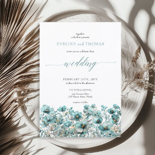 Soft minimalist boho summer turquoise wildflowers invitation