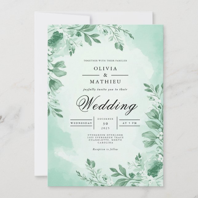 Soft Mint Botanical Sprigs Wedding Invitation (Front)