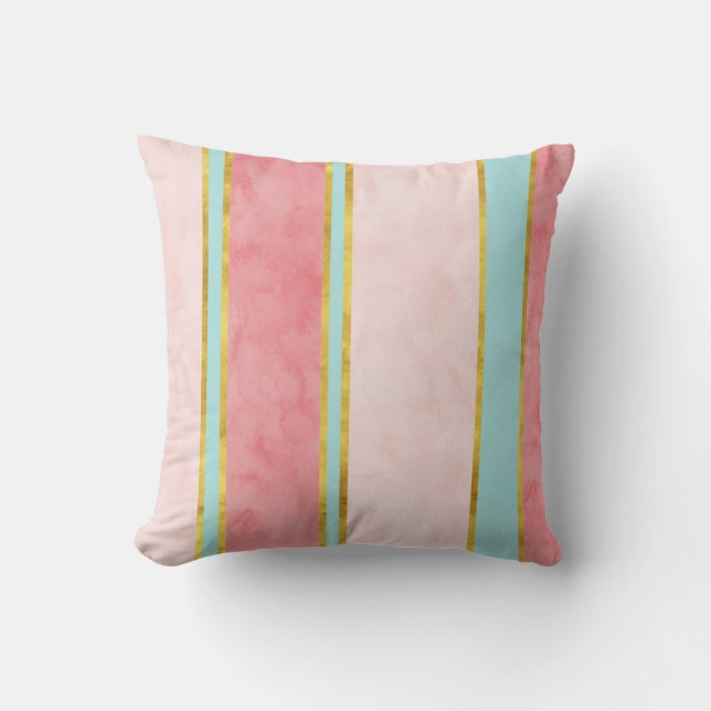 Soft mint Coral Gold Blush Stripes Cushion (Front)