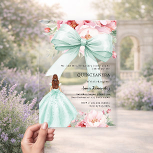 Soft mint green bow dress florals Quinceanera Acrylic Invitations