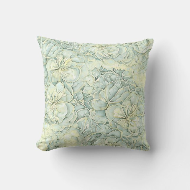 Soft Mint Green Floral Throw Pillow (Front)