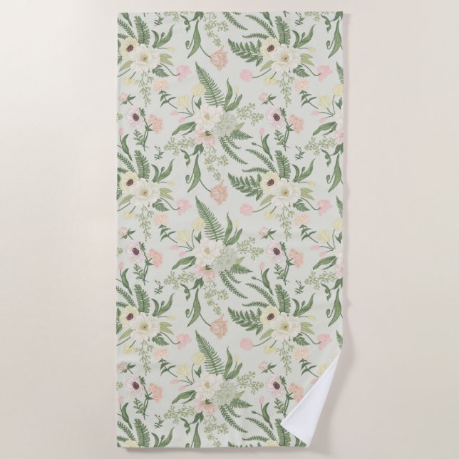 Soft Mint Green Garden Flower Pattern Beach Towel (Front)
