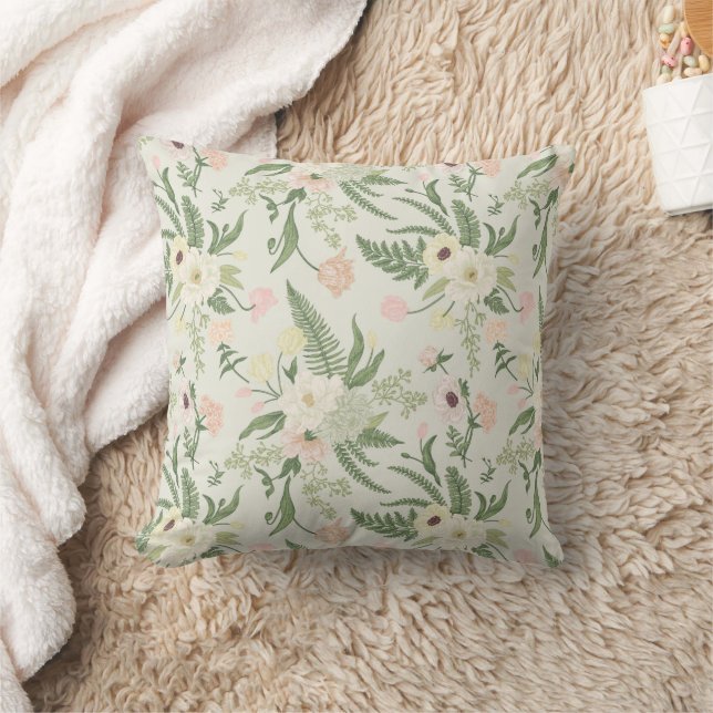 Soft Mint Green Garden Flower Pattern Cushion (Blanket)