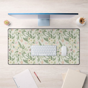 Soft Mint Green Garden Flower Pattern Desk Mat