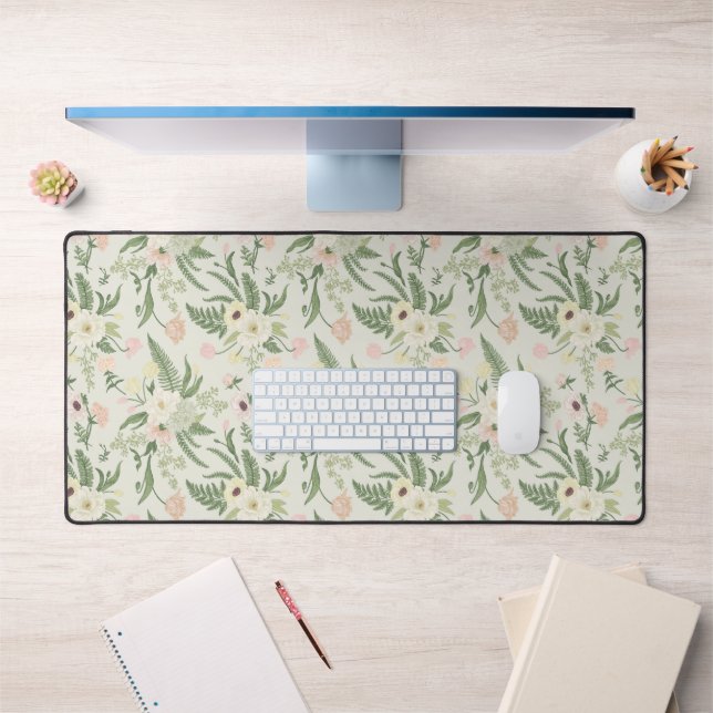 Soft Mint Green Garden Flower Pattern Desk Mat (Office 1)
