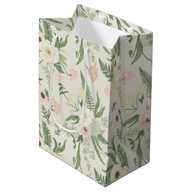 Soft Mint Green Garden Flower Pattern Medium Gift Bag (Front Angled)