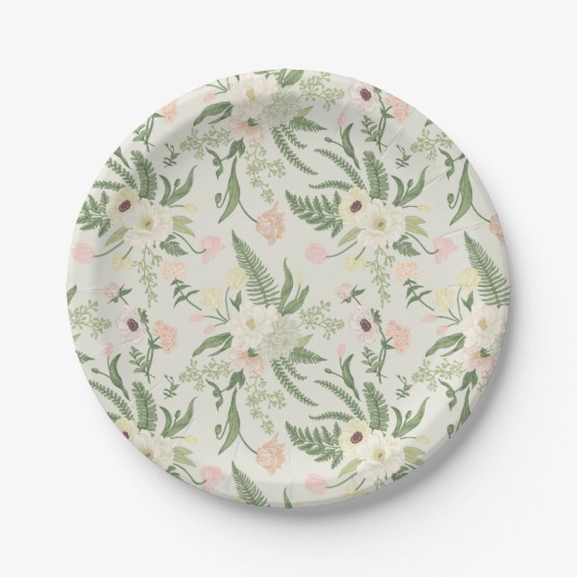 Soft Mint Green Garden Flower Pattern Paper Plate (Front)