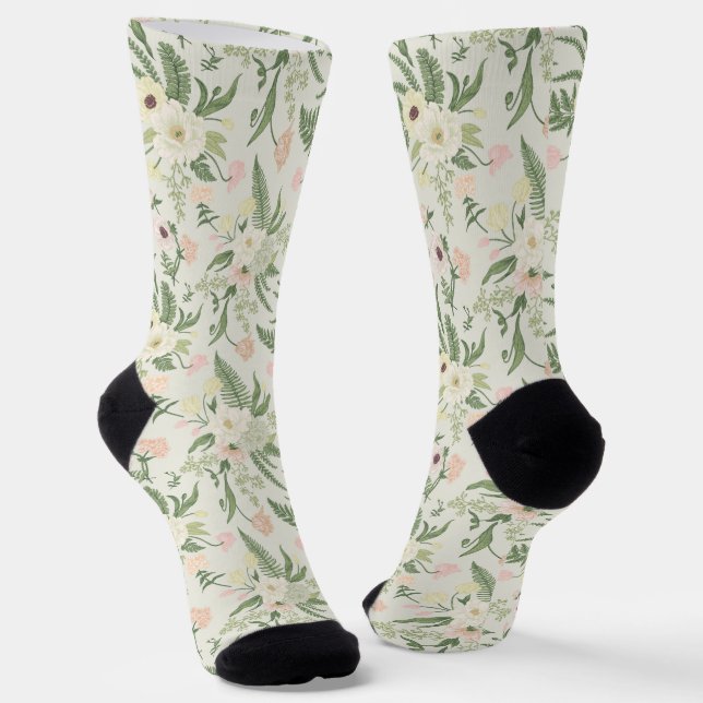 Soft Mint Green Garden Flower Pattern Socks (Angled)