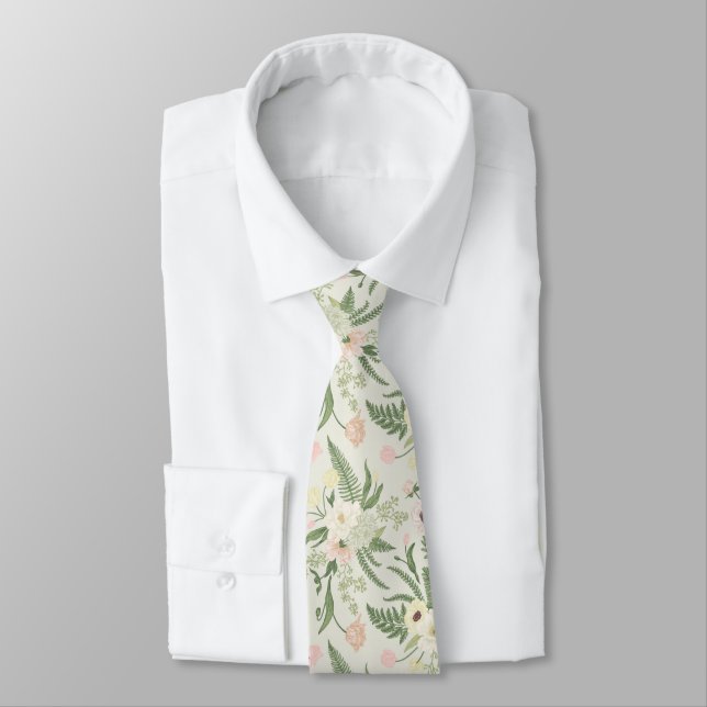 Soft Mint Green Garden Flower Pattern Tie (Tied)
