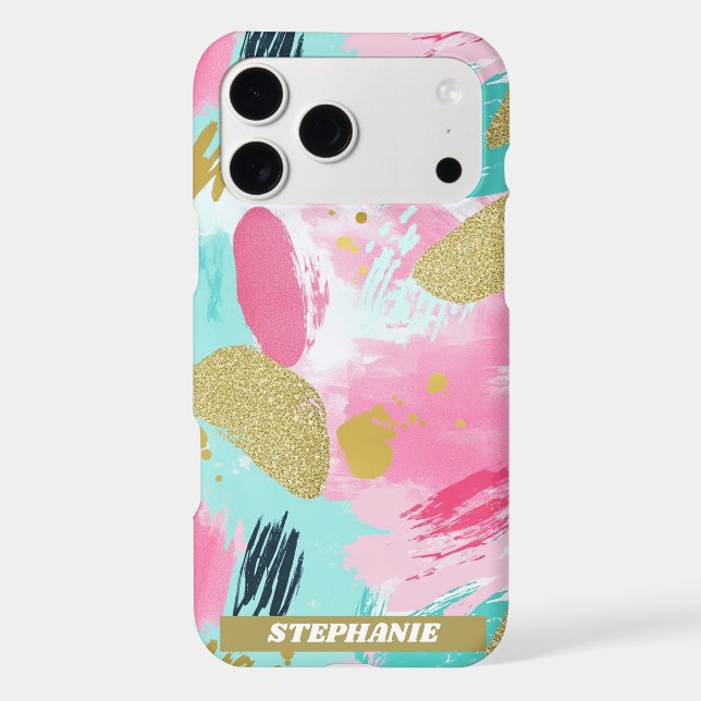 Soft Mint Pink Spring Gold Abstract Brushstrokes (Back)