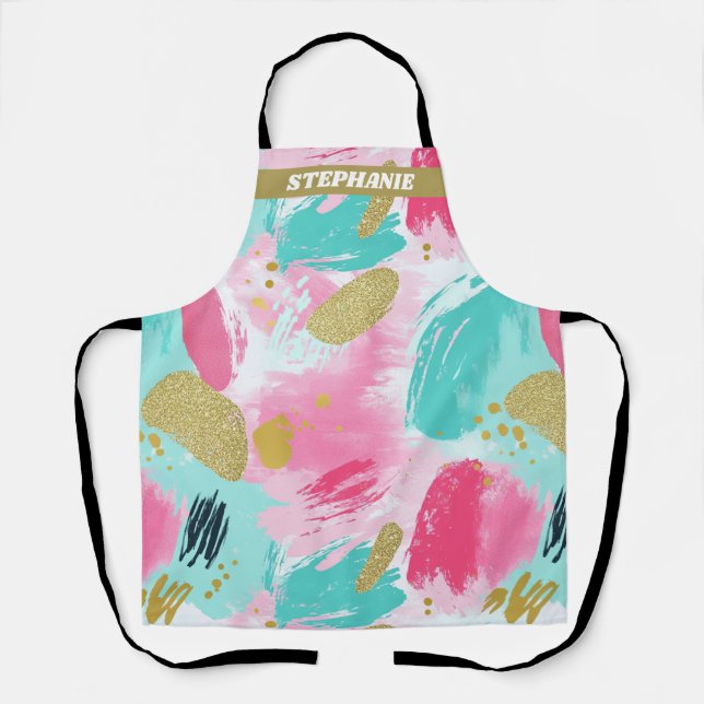 Soft Mint Pink Spring Gold Abstract Brushstrokes Apron (Front)