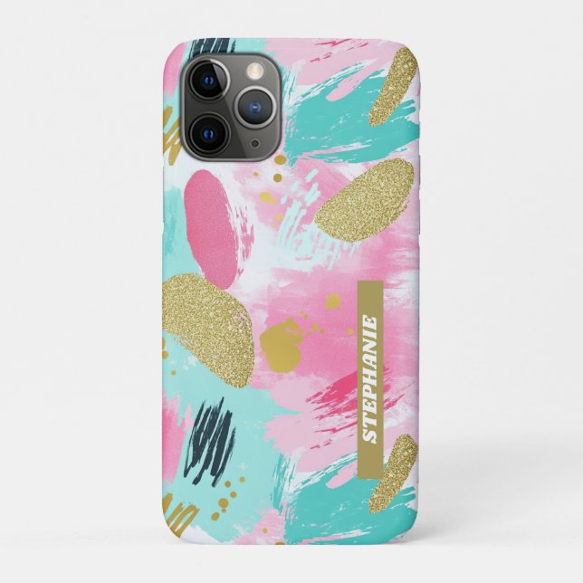 Soft Mint Pink Spring Gold Abstract Brushstrokes Case-Mate iPhone Case (Back)