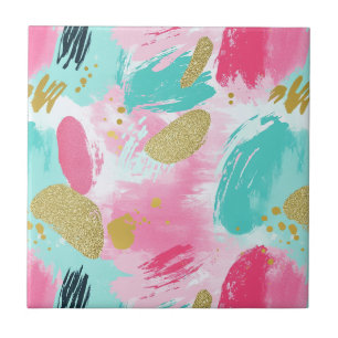 Soft Mint Pink Spring Gold Abstract Brushstrokes Ceramic Tile