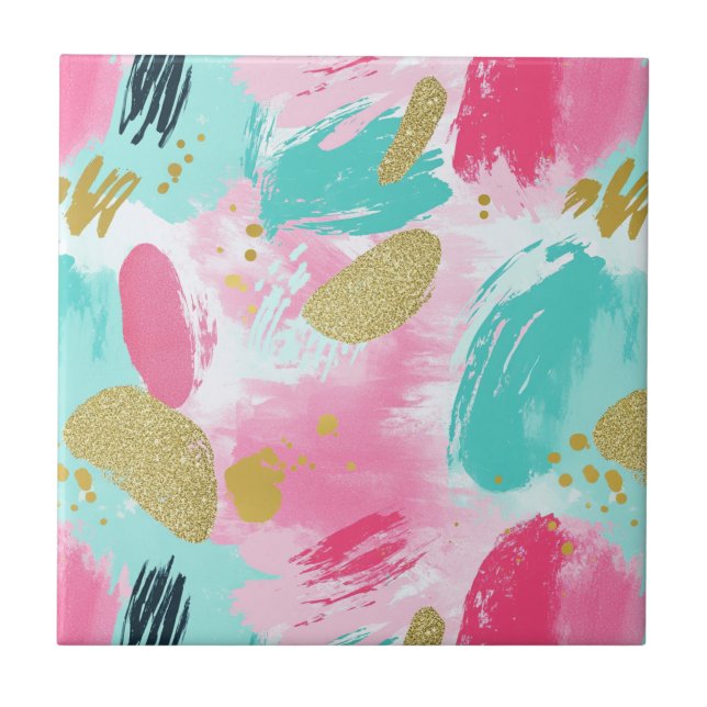 Soft Mint Pink Spring Gold Abstract Brushstrokes Ceramic Tile (Front)