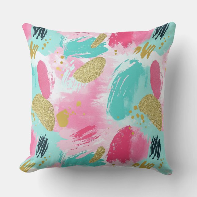 Soft Mint Pink Spring Gold Abstract Brushstrokes Cushion (Front)