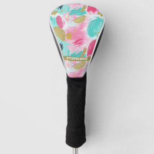 Soft Mint Pink Spring Gold Abstract Brushstrokes Golf Head Cover