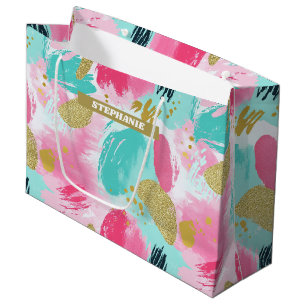 Soft Mint Pink Spring Gold Abstract Brushstrokes Large Gift Bag