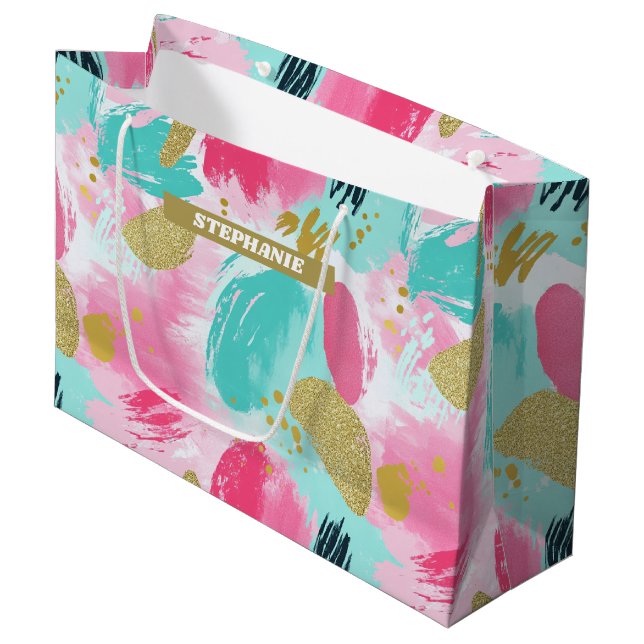 Soft Mint Pink Spring Gold Abstract Brushstrokes Large Gift Bag (Front Angled)