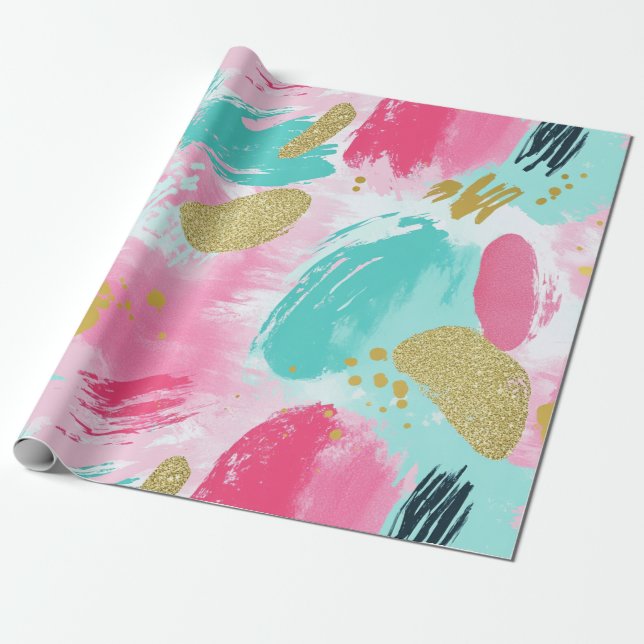 Soft Mint Pink Spring Gold Abstract Brushstrokes Wrapping Paper (Unrolled)