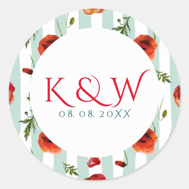 Soft Mint & White Stripes With Red Poppies Patter Classic Round Sticker (Front)