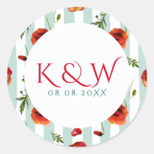 Soft Mint & White Stripes With Red Poppies Patter Classic Round Sticker