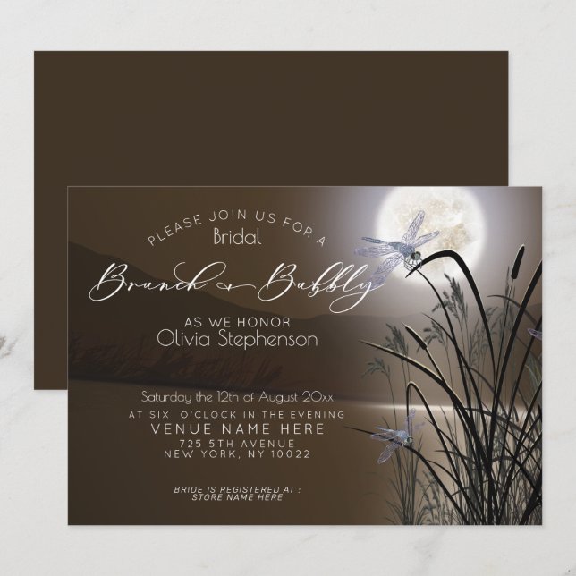 Soft Mocha Brunch Bubbly Full Moon Dragonfly Invitation (Front/Back)